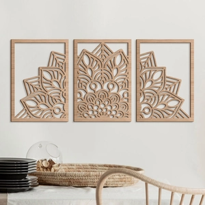 Lot de trois décorations murales mandala en bois découpé au laser pour salle à manger