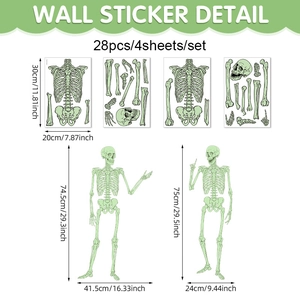 Luminous Halloween skull wall stickers set of 28 pieces showing glow in the dark skeleton effect