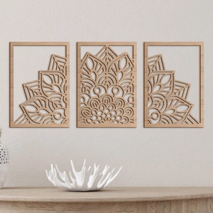 Lot de 3 décorations murales mandala en bois découpé au laser avec grain naturel