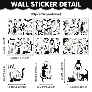 Detailed dimensions of 60-piece Halloween window stickers set with ghosts and cats