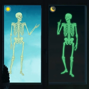 Luminous Halloween skeleton window sticker with day and night glowing effect comparison