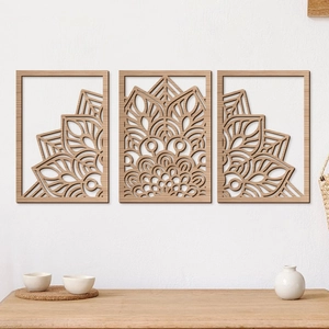 Décoration Murale Mandala en Bois Triptyque Découpe Laser Ajouré Bois de Peuplier Plaque d'Art Bohème Campagne Américaine