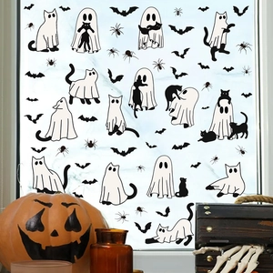 Halloween window stickers featuring white ghosts, black cats, bats and spiders for party decor
