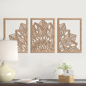 Décoration murale en bois mandala en trois pièces avec motifs découpés au laser
