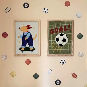 Boho kids room sports wall stickers and framed cartoon animal art for nursery decoration