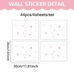 Detailed size chart showing 4 sheets of white daisy wall stickers with 44 total pieces