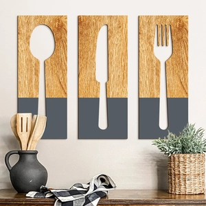 Three-piece wooden kitchen wall art featuring cutlery cutouts in wood grain and grey finish