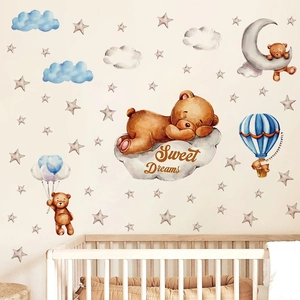Watercolor cartoon bear and moon wall stickers for baby room decor with stars and clouds