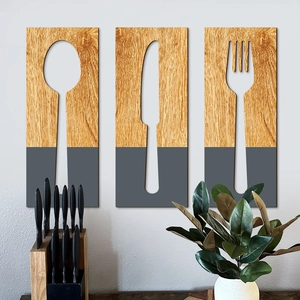 Three-piece wooden kitchen wall decor set featuring utensil cutouts on textured wood grain panels