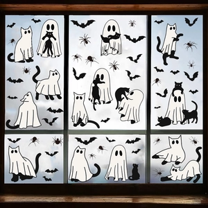 Halloween Ghost Window Stickers Cute Cat Bat Spider Static Cling PVC Decals For Glass Window Party Decor Removable Decor