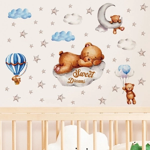 Cute cartoon bear wall stickers with stars and clouds for nursery room decor