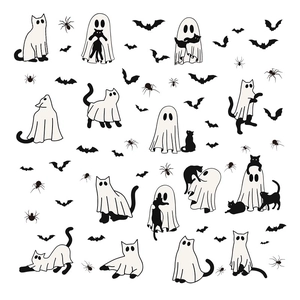 Cute Halloween window stickers featuring ghosts, black cats, and bats on white background