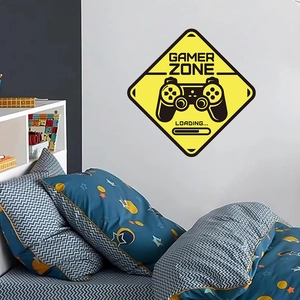 Gamer Zone wall sticker with yellow warning sign design and loading bar for gaming room