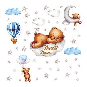 Cute watercolor bear wall stickers with stars and clouds for nursery room decor
