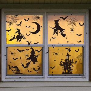 Halloween PVC static window decals featuring black witch, bats, and castle silhouettes