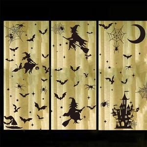 Halloween PVC static window decals featuring witches, bats, and gothic castle silhouettes