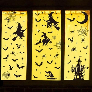 Halloween Static Cling Window Decals Black Silhouette Witch Bat Spider Castle Moon Decorative PVC Glass Sticker For Party