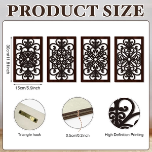 Detail of laser-cut wooden wall art set with dimensions and metal hanging hook view