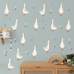 Cute cartoon white goose wall stickers with flowers and bees for nursery decoration