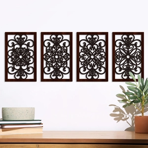 Set of 4 dark brown walnut cutout wooden wall art panels with elegant baroque leaf patterns