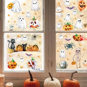4 Sheets Halloween PVC Window Clings Cartoon Ghost Pumpkin Skeleton Bat Wall Stickers For Home Refrigerator Decoration