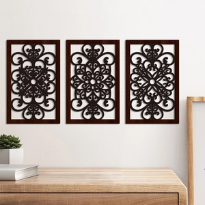 Three-piece laser-cut wooden wall art set with intricate hollow mandala vine patterns