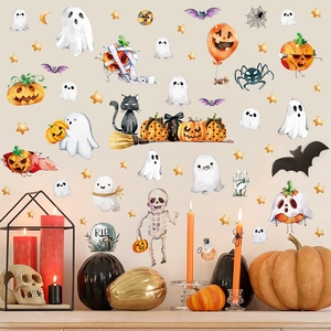 Cute Halloween wall decals set with cartoon ghosts pumpkins and black cats for home decor