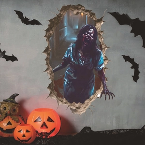 3D Halloween wall sticker featuring a scary ghost girl crawling through a broken wall effect