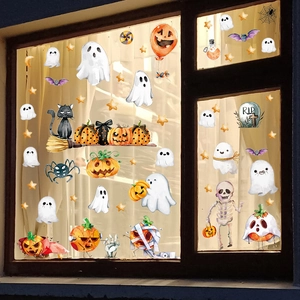 Watercolor Halloween PVC window stickers featuring cartoon ghosts, pumpkins, and bats decoration