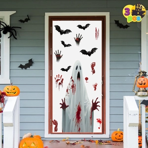 3-delige Halloween raamstickers met witte geest, vleermuizen en bloedafdrukken