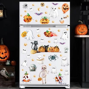Halloween PVC self-adhesive stickers featuring cartoon ghosts and pumpkins on a white fridge