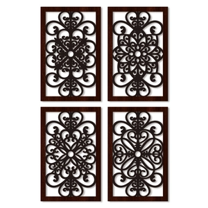 Set of 4 modern hollowed wood leaf wall hangings with dark brown mandala patterns