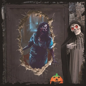 3D Halloween wall decal featuring a scary zombie girl breaking through a door for decor