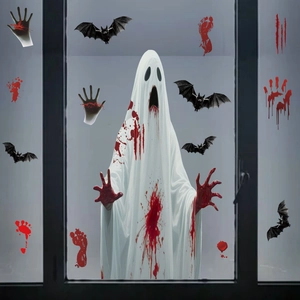 Halloween Venstersticker Horror Bloed Handafdruk Voetafdruk Witte Geest Vleermuis Set PVC Statische Sticker Voor Decoratie