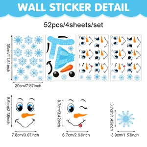Detailed sheet showing 52pcs DIY snowman wall stickers with measurements in cm and inch