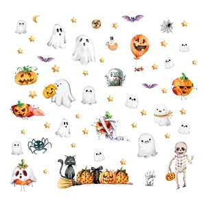 Halloween PVC window stickers set with cartoon ghost, pumpkin, witch, and black cat designs