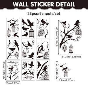 Gothic Halloween window stickers set featuring 38 black crow and cage silhouette decals