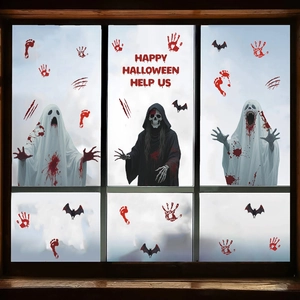 Halloween window decals set with grim reaper, ghosts, and bloody handprints for wall decor