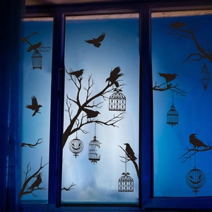 Halloween black crow and birdcage window decals with gothic branches for party decor