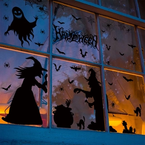 Halloween window decals featuring ghosts, witches, bats and spiders silhouettes for party decor