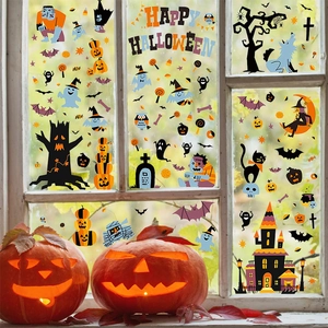 Cartoon Halloween window stickers set with pumpkins ghosts and witches for festive glass decor