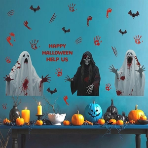 Halloween window stickers set with Grim Reaper, white ghosts, and blood handprints