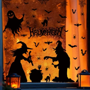 Halloween window decals set featuring black silhouette witch, bats, ghosts and spiders stickers