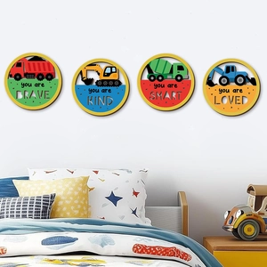 Lot de 4 plaques murales rondes en bois avec motifs de camions pour chambre d'enfant