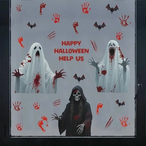 Halloween Window Clings Grim Reaper White Ghost Bat Blood Handprint Wall Sticker For Holiday Home Party Glass Horror Decoration