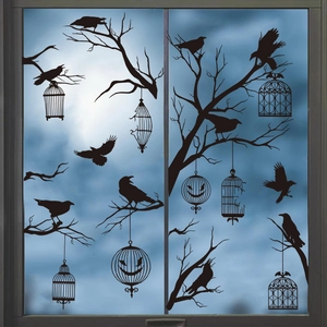 Halloween Window Decals Black Crow Silhouette Dead Tree Birdcage Gothic Party Decoration PVC Removable Static Cling Stickers