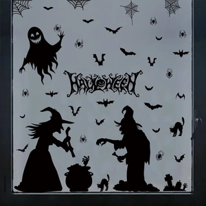 Halloween window decals set with witch, bats and ghosts for spooky party decoration