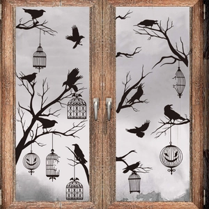 Gothic Halloween window decals featuring black ravens, dead branches, and spooky birdcages