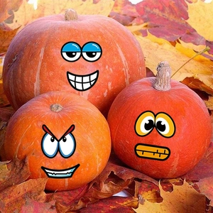Cute Halloween DIY pumpkin stickers with cartoon expressions on autumn maple leaves