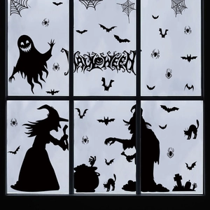 Halloween Window Stickers Black Silhouette Witch Bat Ghost Static Cling PVC Decals Spooky Festival Home Party Decoration